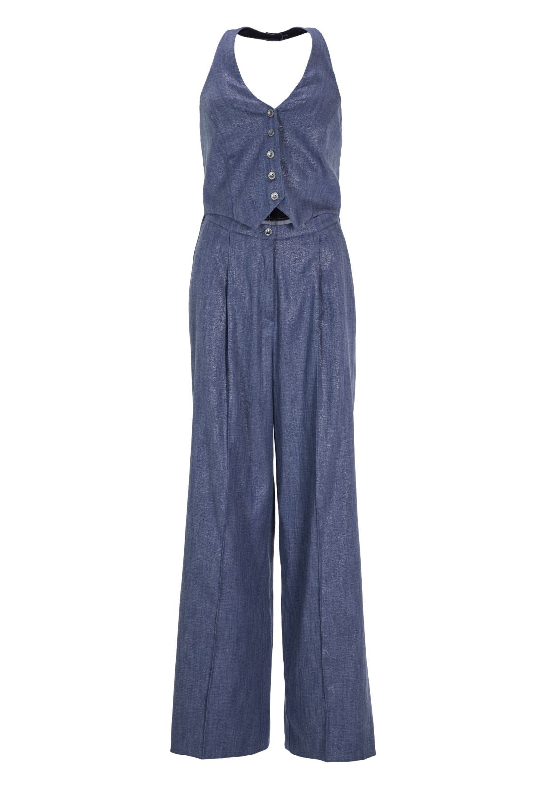 Neckholder Jumpsuit in Two-Piece-Optik aus glänzendem Denim