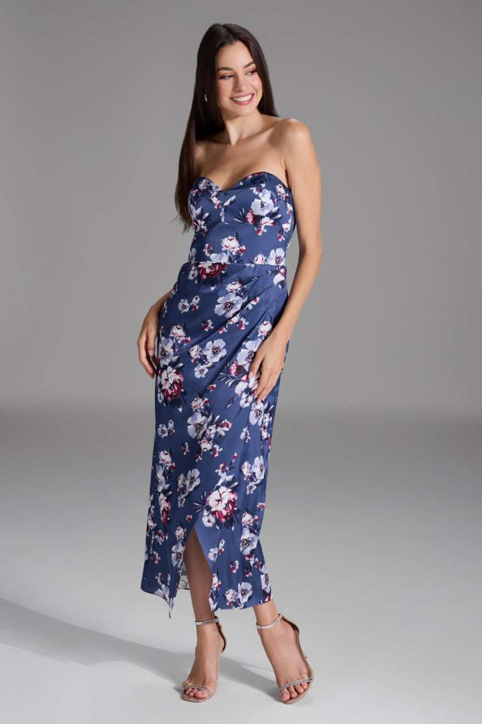 Abendkleid mit Corsage aus floral bedrucktem Satin future blue multi