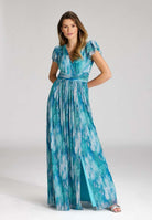 Abendkleid aus bedrucktem Plissee Jersey mit betonter Schulter cruise blue multi