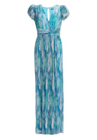 Abendkleid aus bedrucktem Plissee Jersey mit betonter Schulter