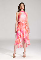 Cocktail Kleid aus bedrucktem Chiffon mit Volant am Saum hibiskus pink multi