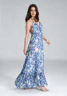 Neckholder Maxi Kleid aus bedrucktem Chiffon mit Glitzerstreifen