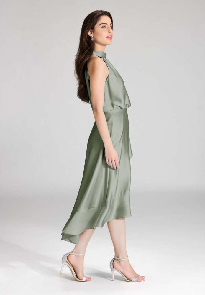 Cocktailkleid aus nachhaltigem Satin mit Volant am Saum