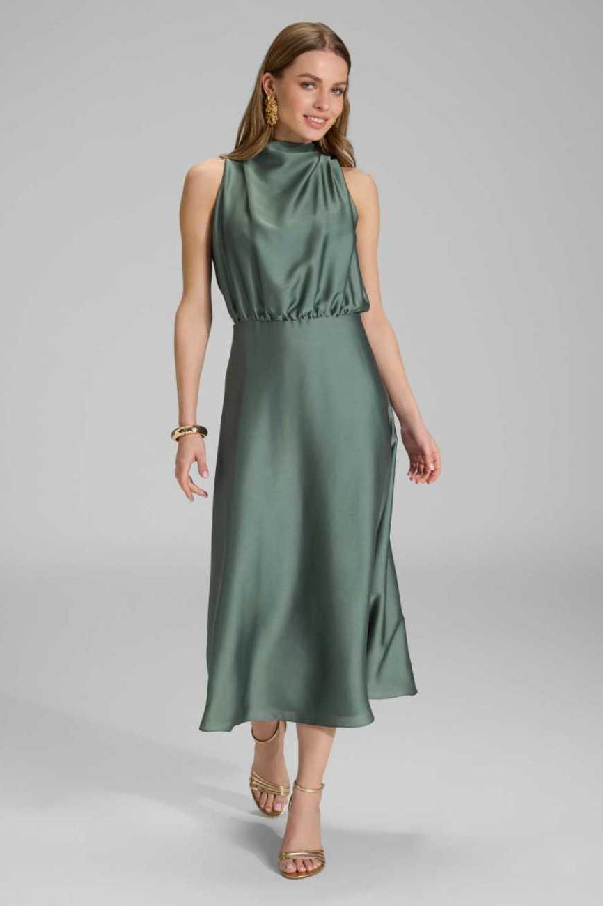 Midi Kleid aus nachhaltigem Satin mit Drapierung am Kragen deep slate