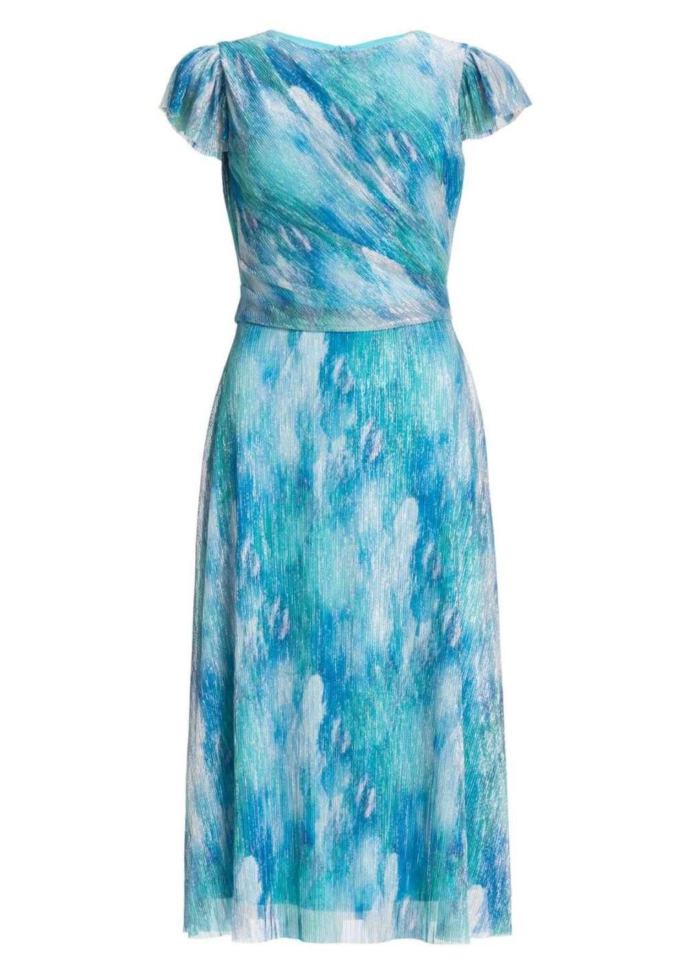 Midi Kleid aus bedrucktem Plissee Jersey mit kurzen Ärmeln