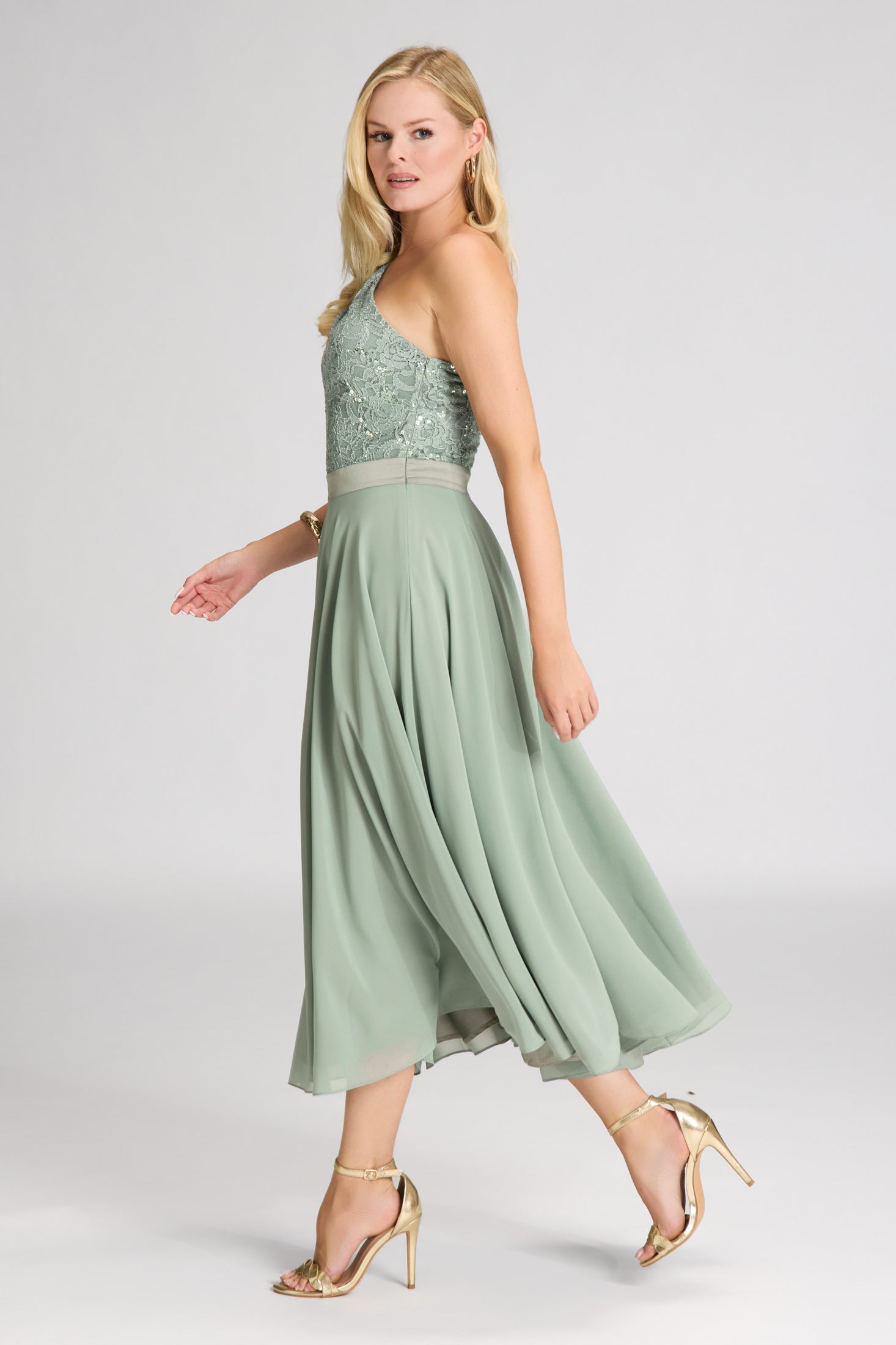 One Shoulder Midi Kleid aus Material Mix