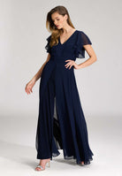 Chiffon Jumpsuit mit Überrock und Volantärmeln navy