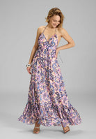 Neckholder Maxi Kleid aus bedrucktem Chiffon mit Glitzerstreifen