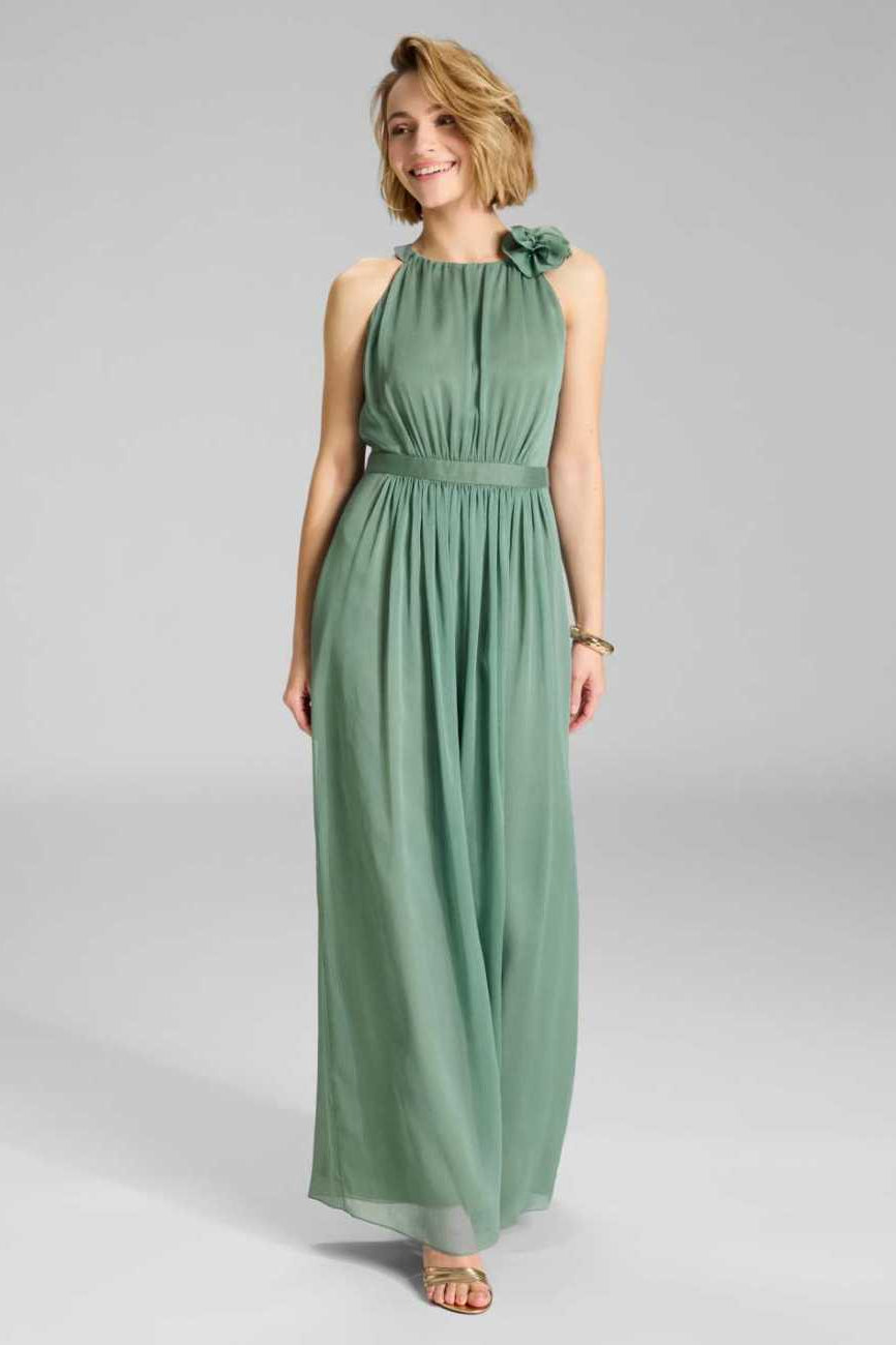 Abendkleid aus Crinkle Chiffon mit dekorativer Blüte pistachio green