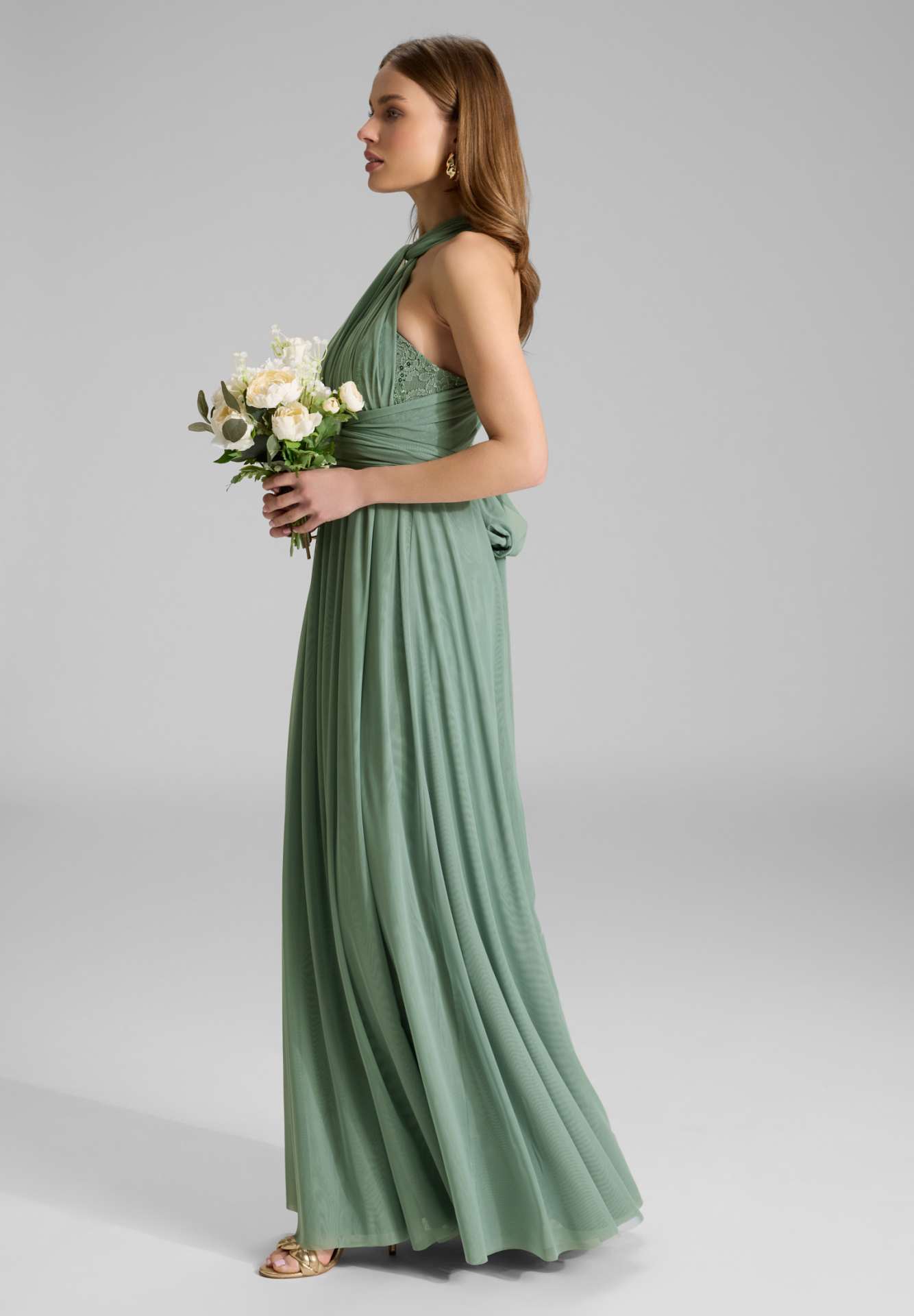 Abendkleid aus Mesh und Spitze mit verschiedenen Bindemöglichkeiten