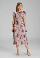 Midi Kleid aus bedrucktem Plissee Jersey mit kurzen Ärmeln raspberry pink multi