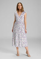 Midi Kleid aus floral bedrucktem Crinkle Chiffon mit Volants an der Schulter Pearl White