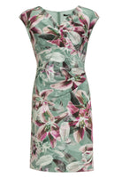 Etui Kleid aus bedrucktem Scuba mit Wickel-Ausschnitt