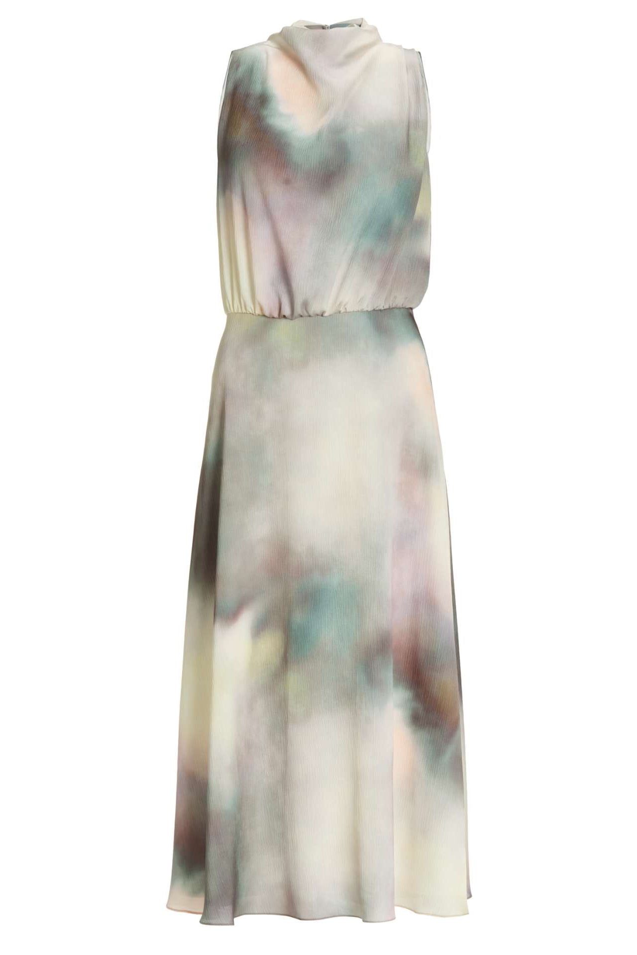 Midi Kleid aus gehämmertem Satin mit abstraktem Druck und Drapierung am Kragen