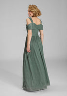 Abendkleid aus plissiertem Jersey mit metallic Fäden und Cold Shoulder Trägern