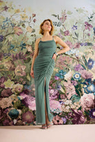 Figurbetontes Abendkleid aus Mesh mit Beinschlitz und Raffungen deep slate