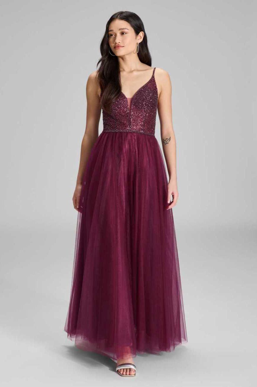 Tüllkleid mit feiner Ziersteinstickerei mulberry