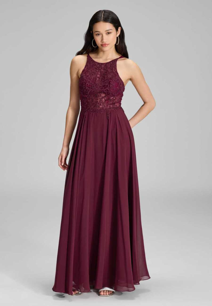 Abendkleid mit Stickerei und Chiffonrock mulberry