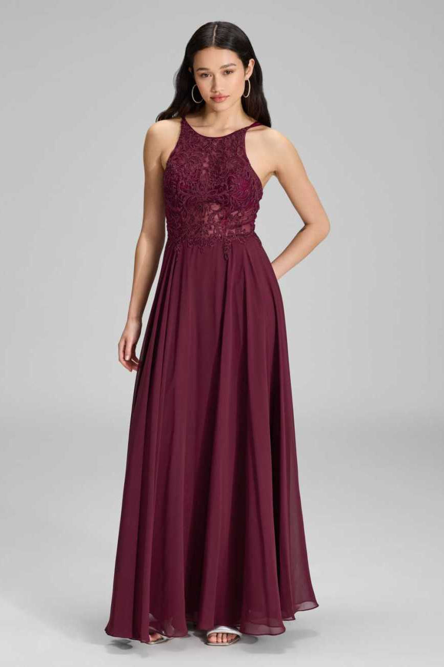 Abendkleid mit Stickerei und Chiffonrock mulberry