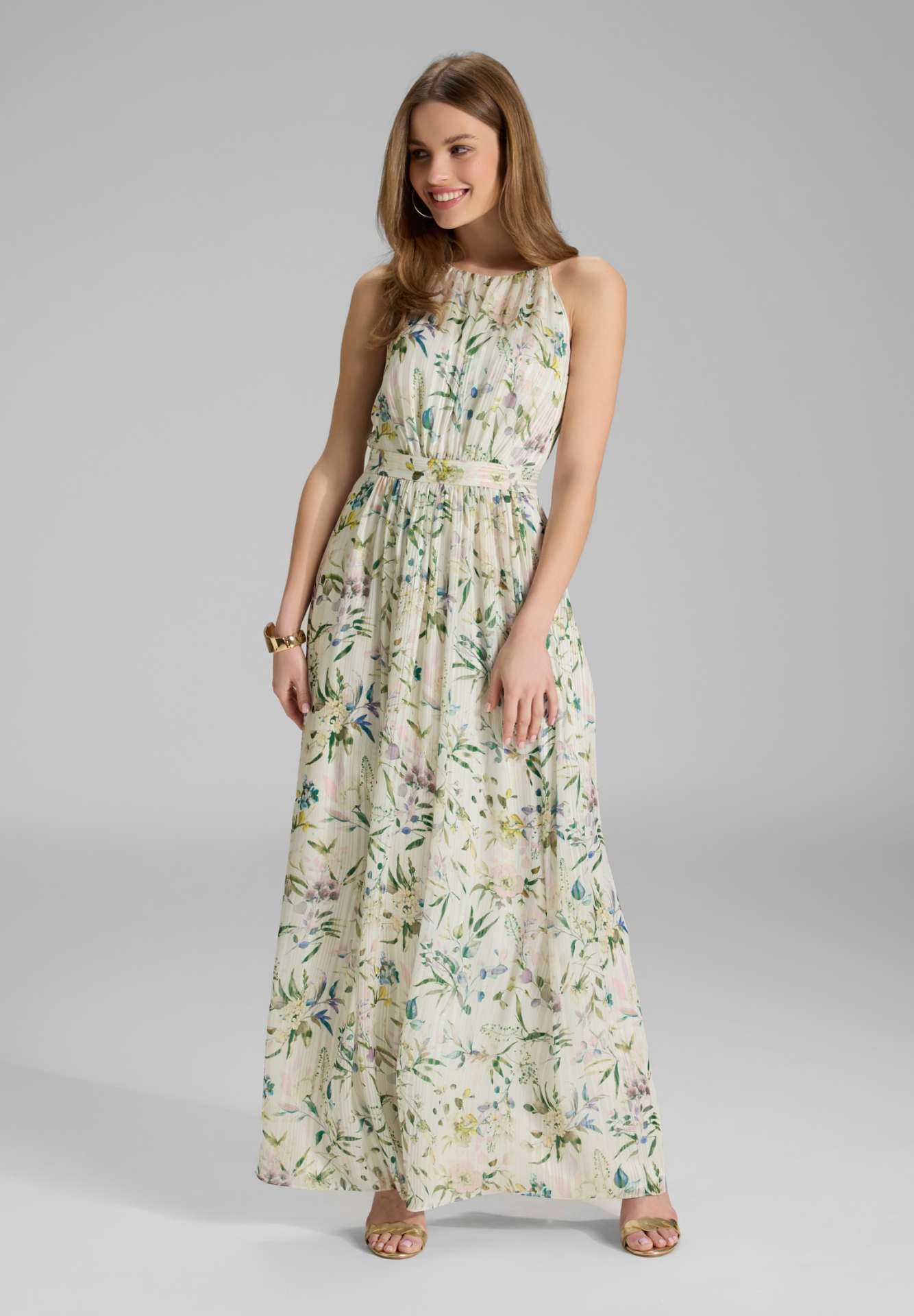 Abendkleid aus bedrucktem Chiffon mit Glitzerstreifen und Zierträgern ivory multi