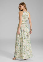 Abendkleid aus bedrucktem Chiffon mit Glitzerstreifen und Zierträgern