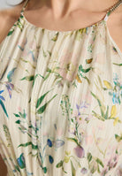 Abendkleid aus bedrucktem Chiffon mit Glitzerstreifen und Zierträgern