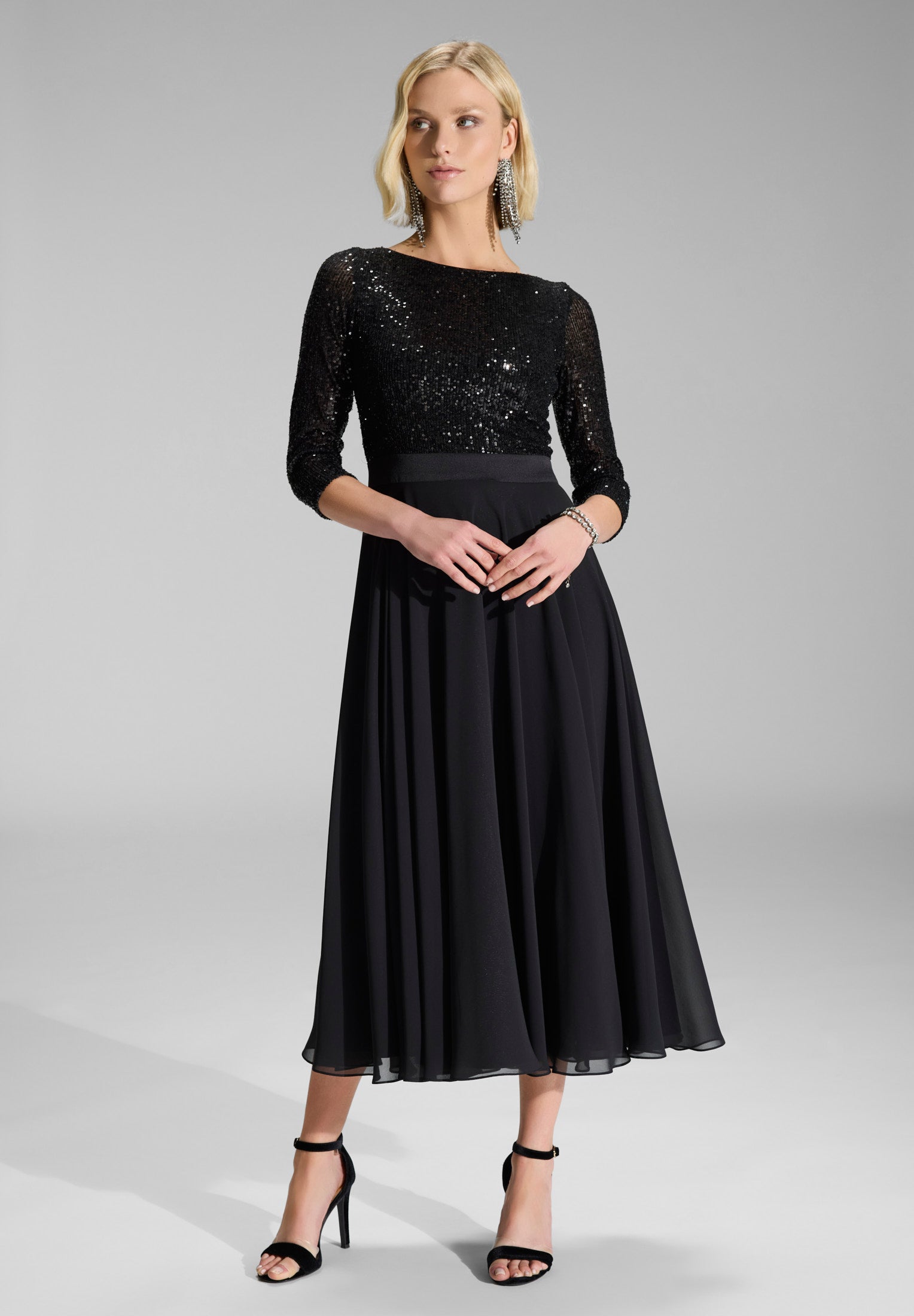 Midi Kleid mit Top aus elastischer Paillette und Chiffonrock black