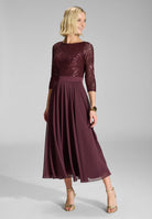 Midi Kleid mit Top aus elastischer Paillette und Chiffonrock merlot