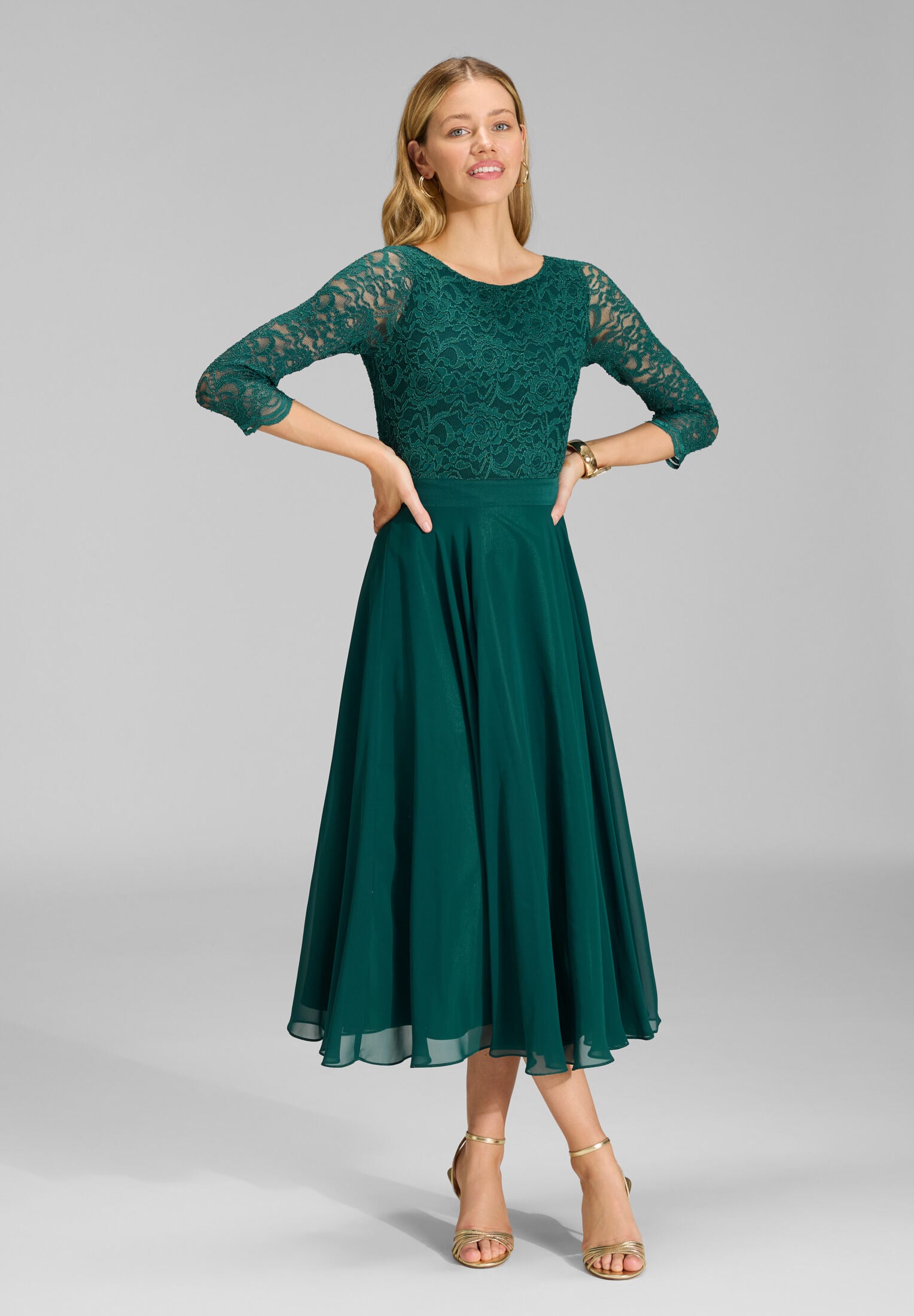 Abendkleid Midi mit Oberteil aus floraler Spitze und Chiffon Rock dark green