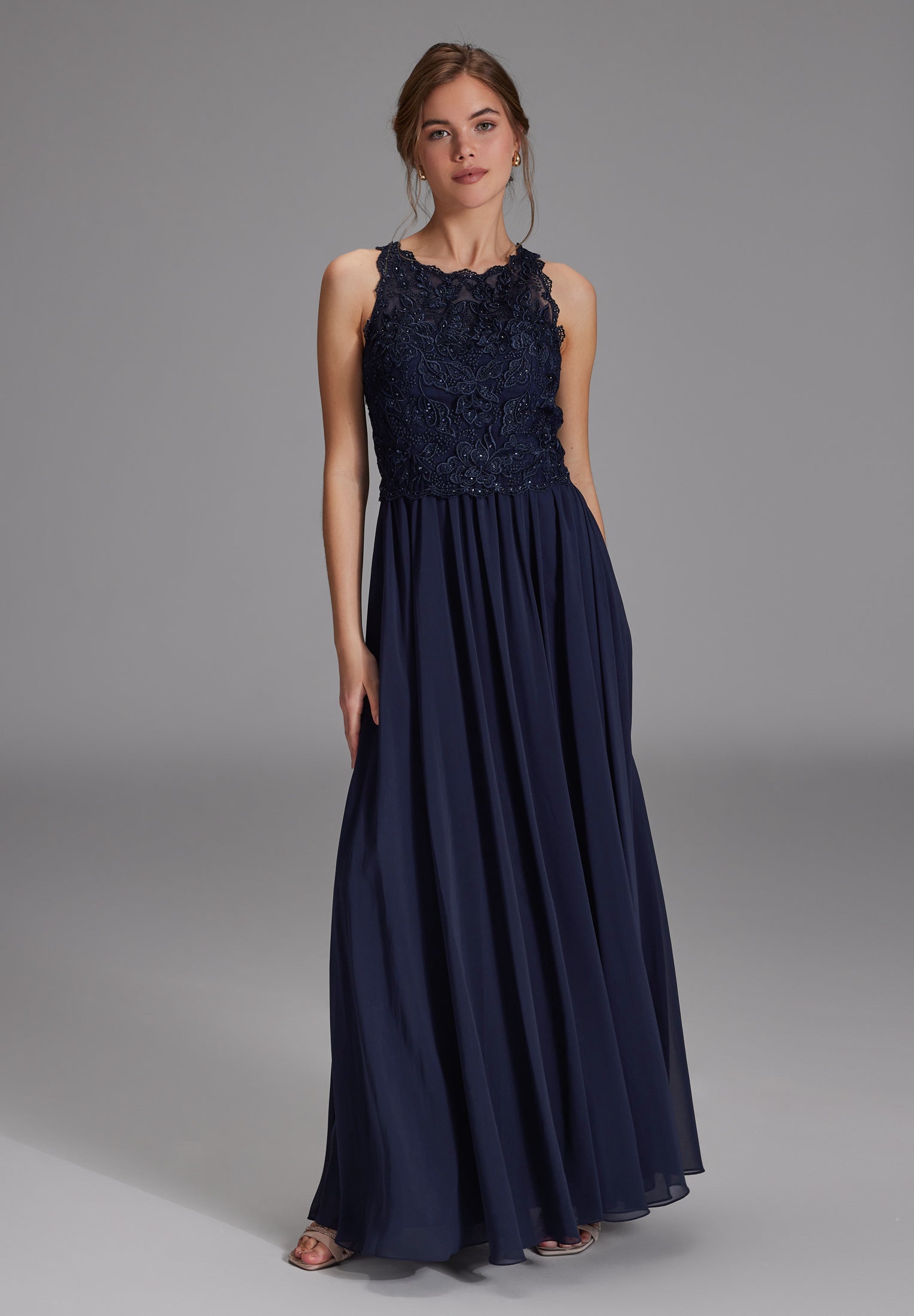 High-closed-Abendkleid mit floraler Spitze navy