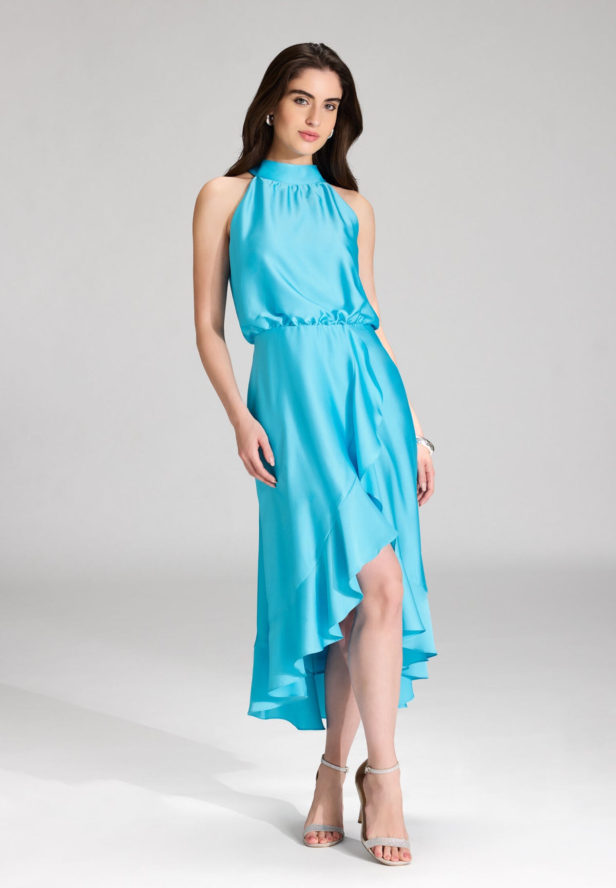 Cocktailkleid aus Satin mit Volant cruise blue