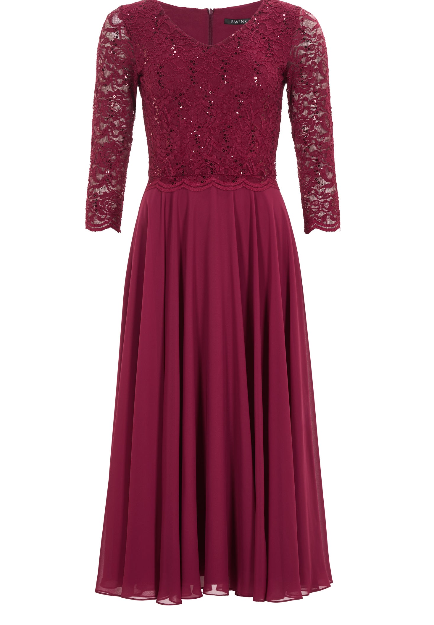 Midi Kleid mit paillettenbesetztem Spitzenoberteil