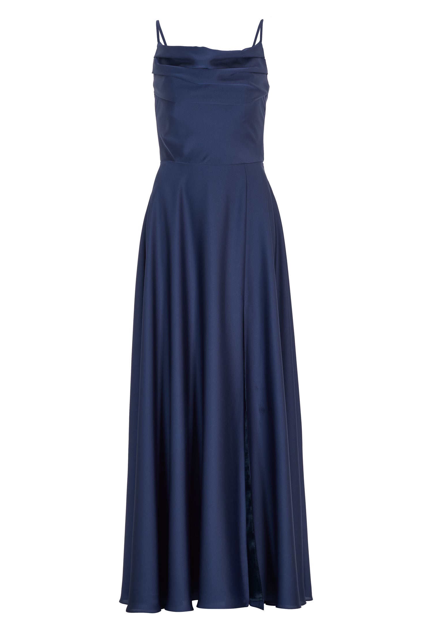 Abendkleid aus nachhaltigem Satin mit Wasserfall-Ausschnitt und Beinschlitz