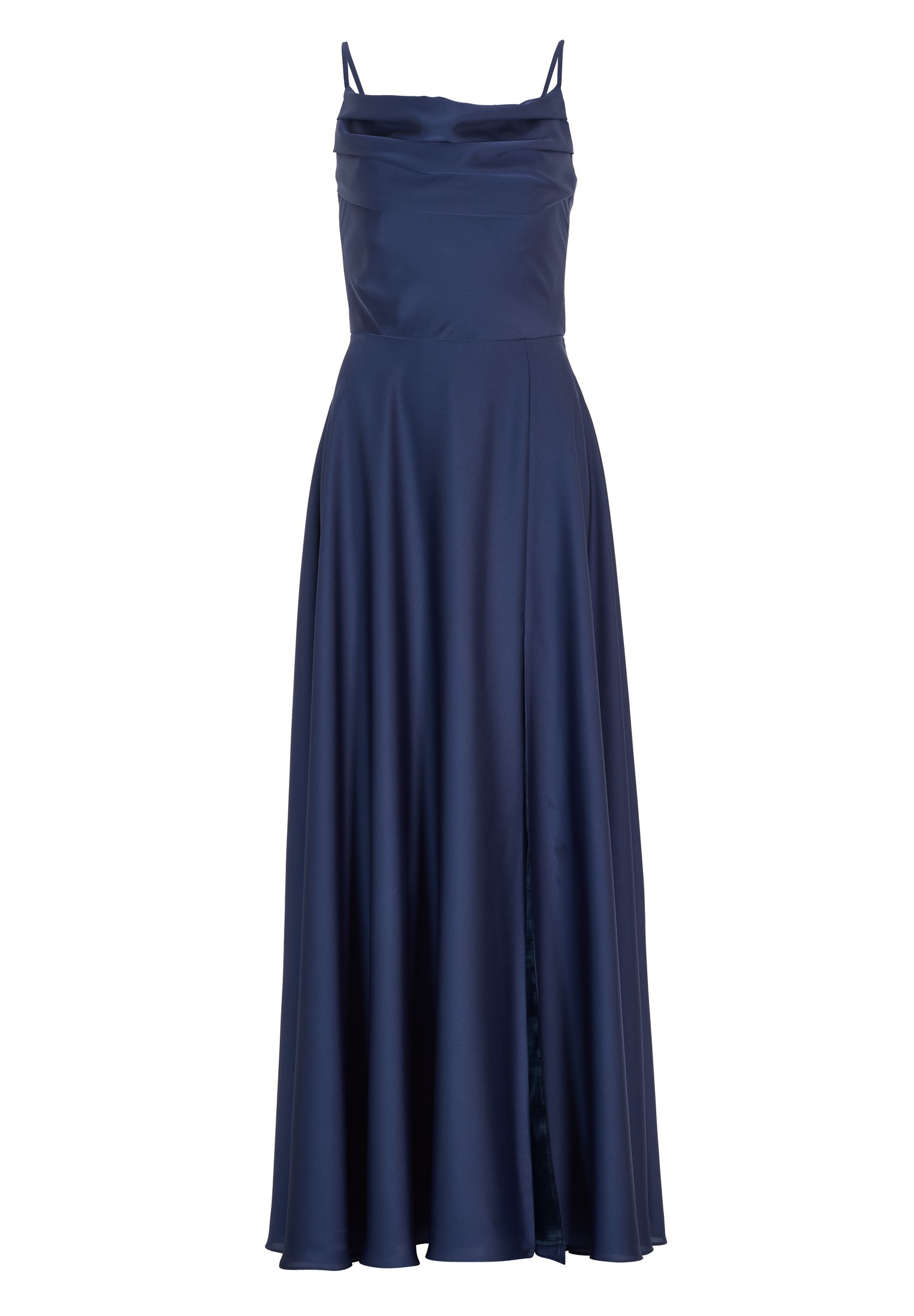 Abendkleid aus nachhaltigem Satin mit Wasserfall-Ausschnitt und Beinschlitz