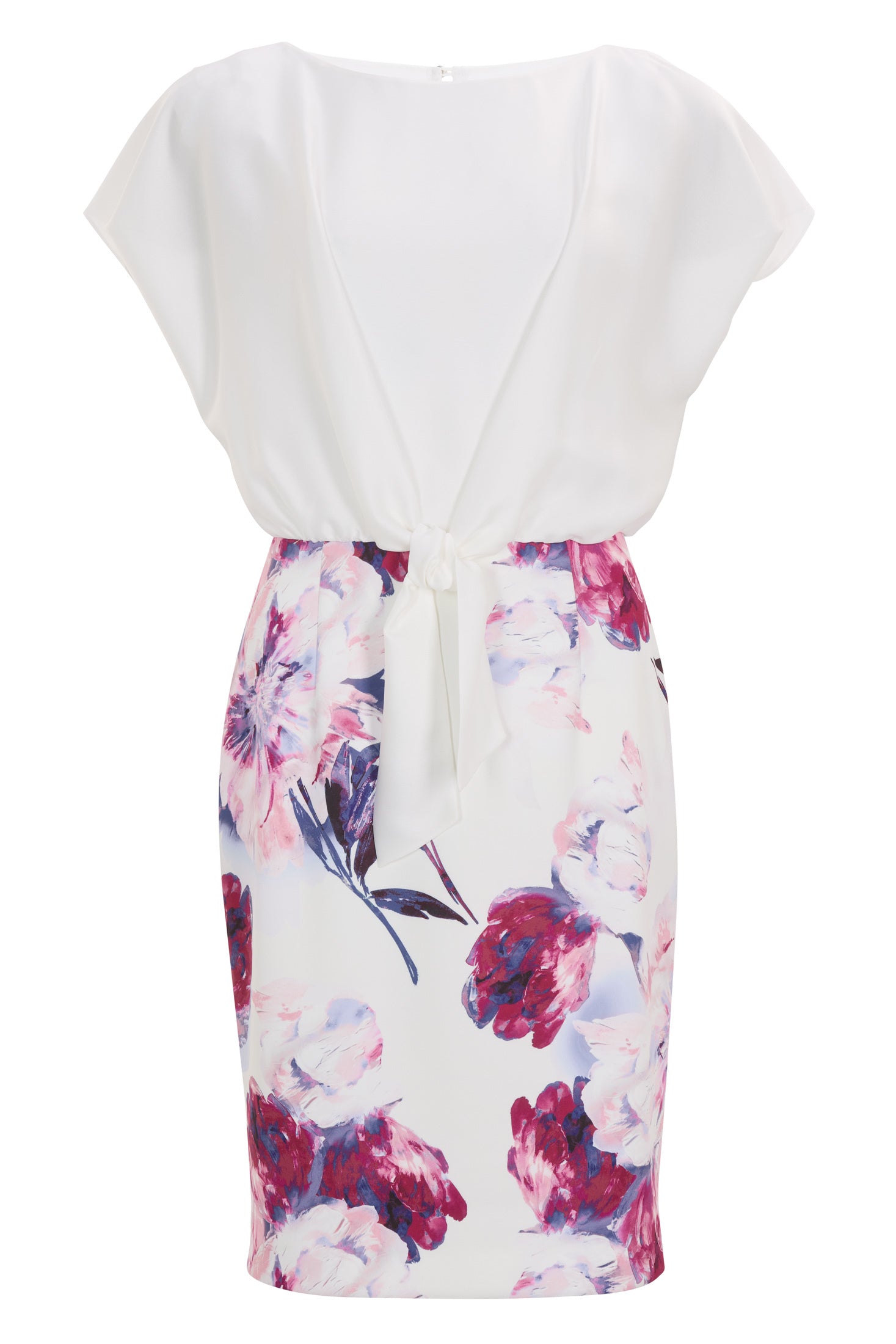 Etuikleid aus floral bedrucktem Scuba und Satin