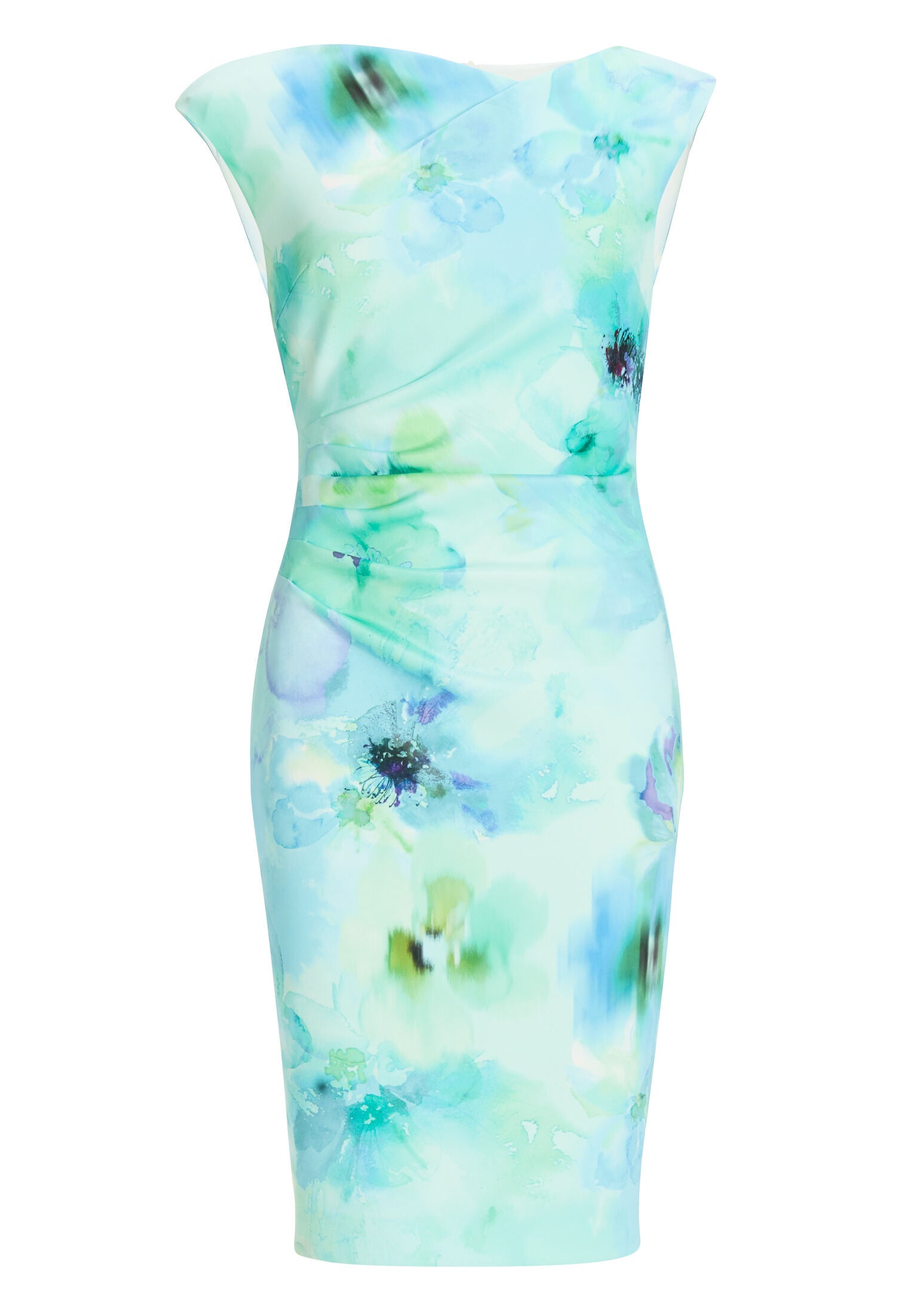 Etuikleid aus bedrucktem Scuba mit Drapierung