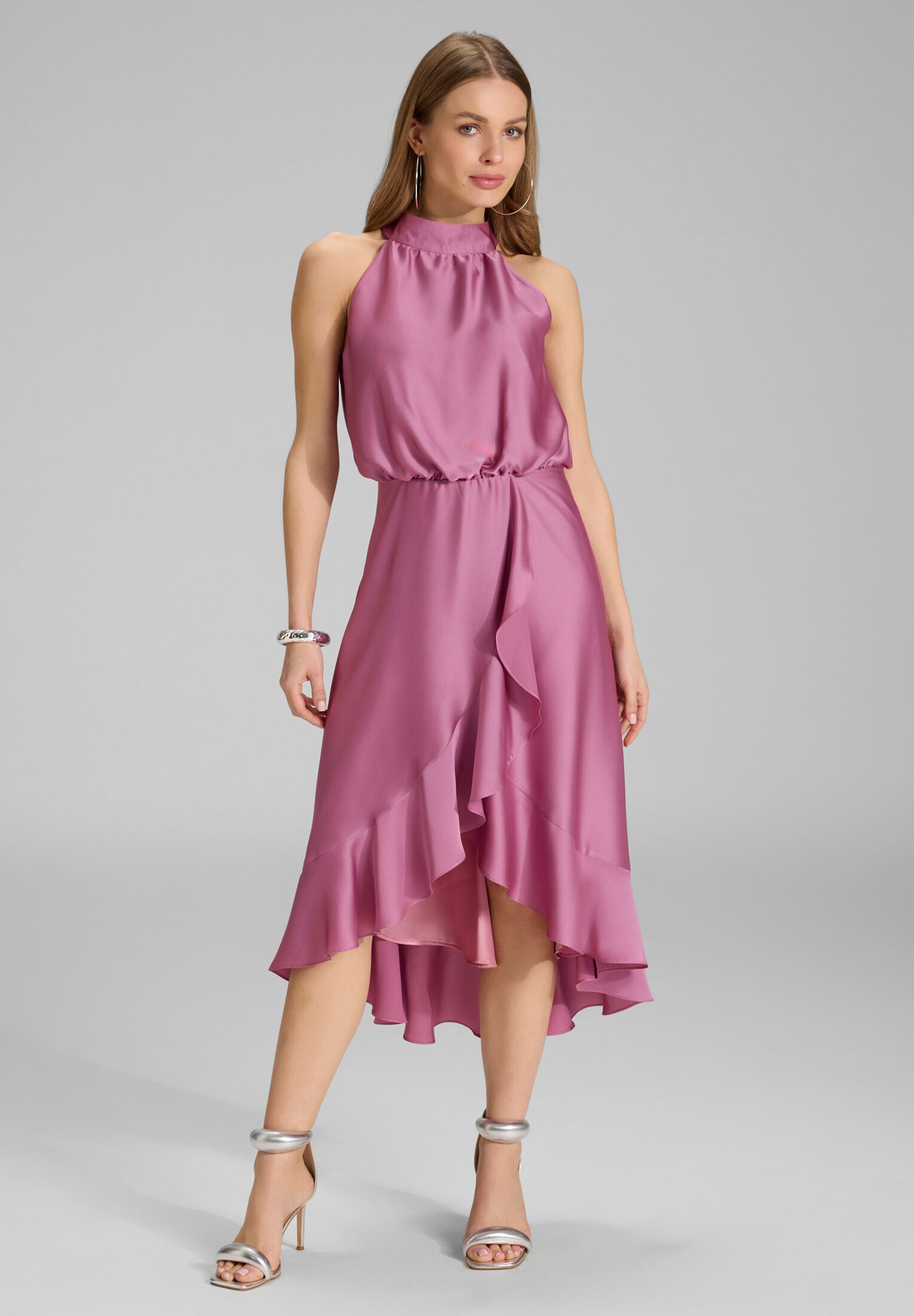 Cocktailkleid aus nachhaltigem Satin mit Volant am Saum raspberry pink