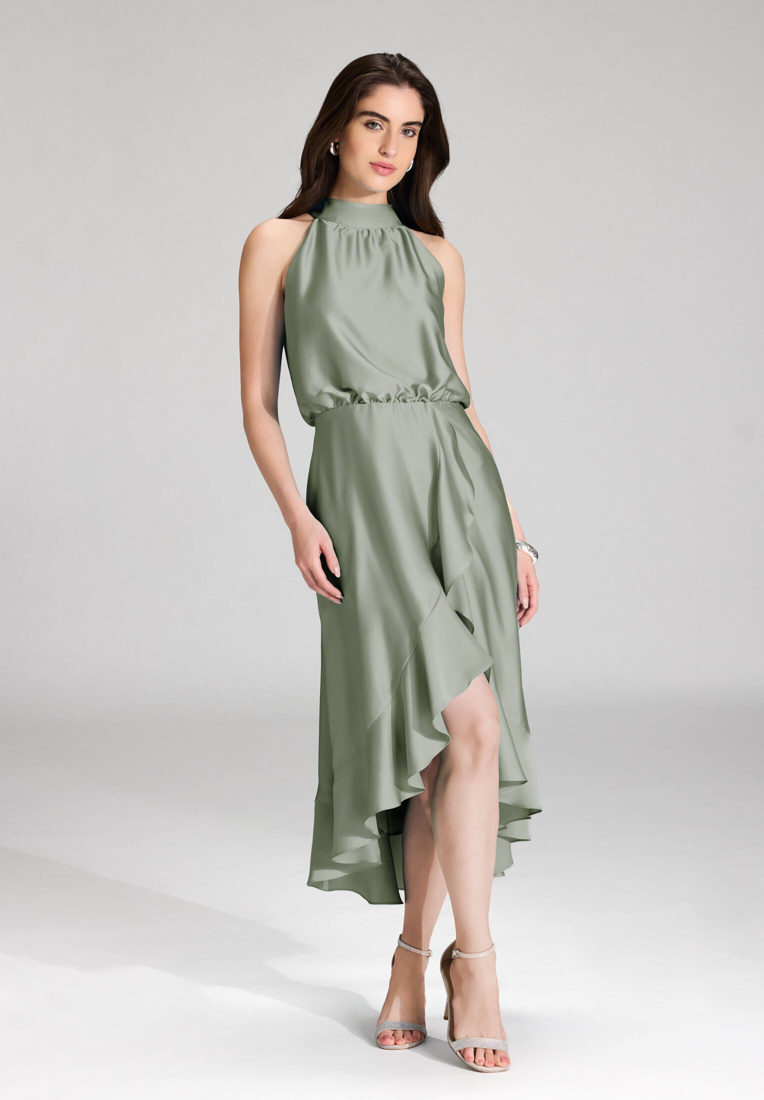 Cocktailkleid aus nachhaltigem Satin mit Volant am Saum pistachio green