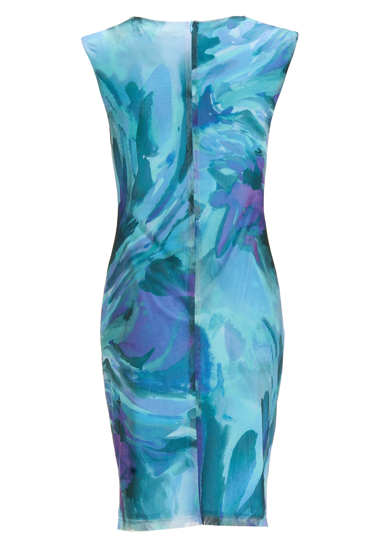 Etuikleid mit V-Ausschnitt und Raffung aus bedrucktem Mesh