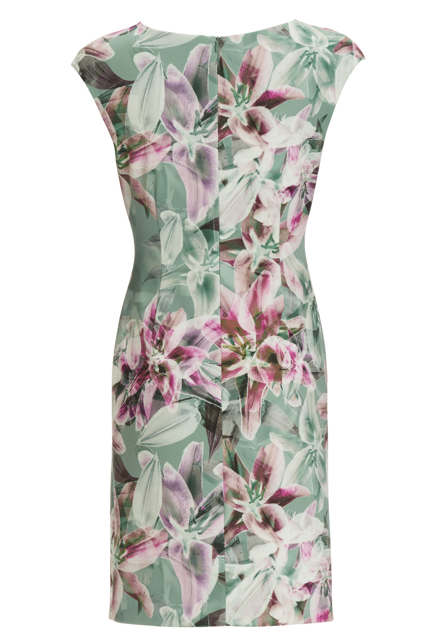 Etui Kleid aus bedrucktem Scuba mit Wickel-Ausschnitt