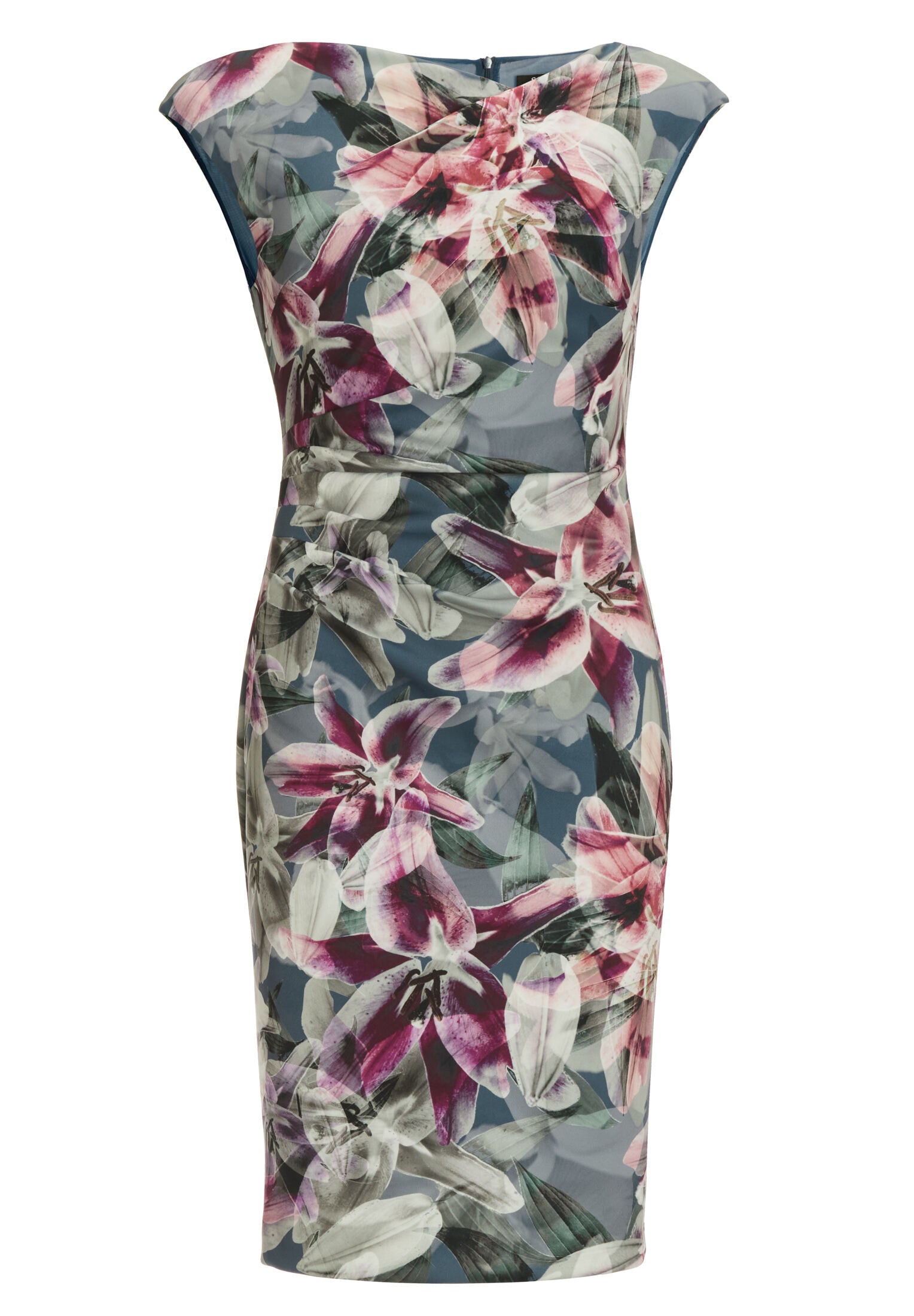 Etui Kleid aus bedrucktem Scuba mit Drapierung