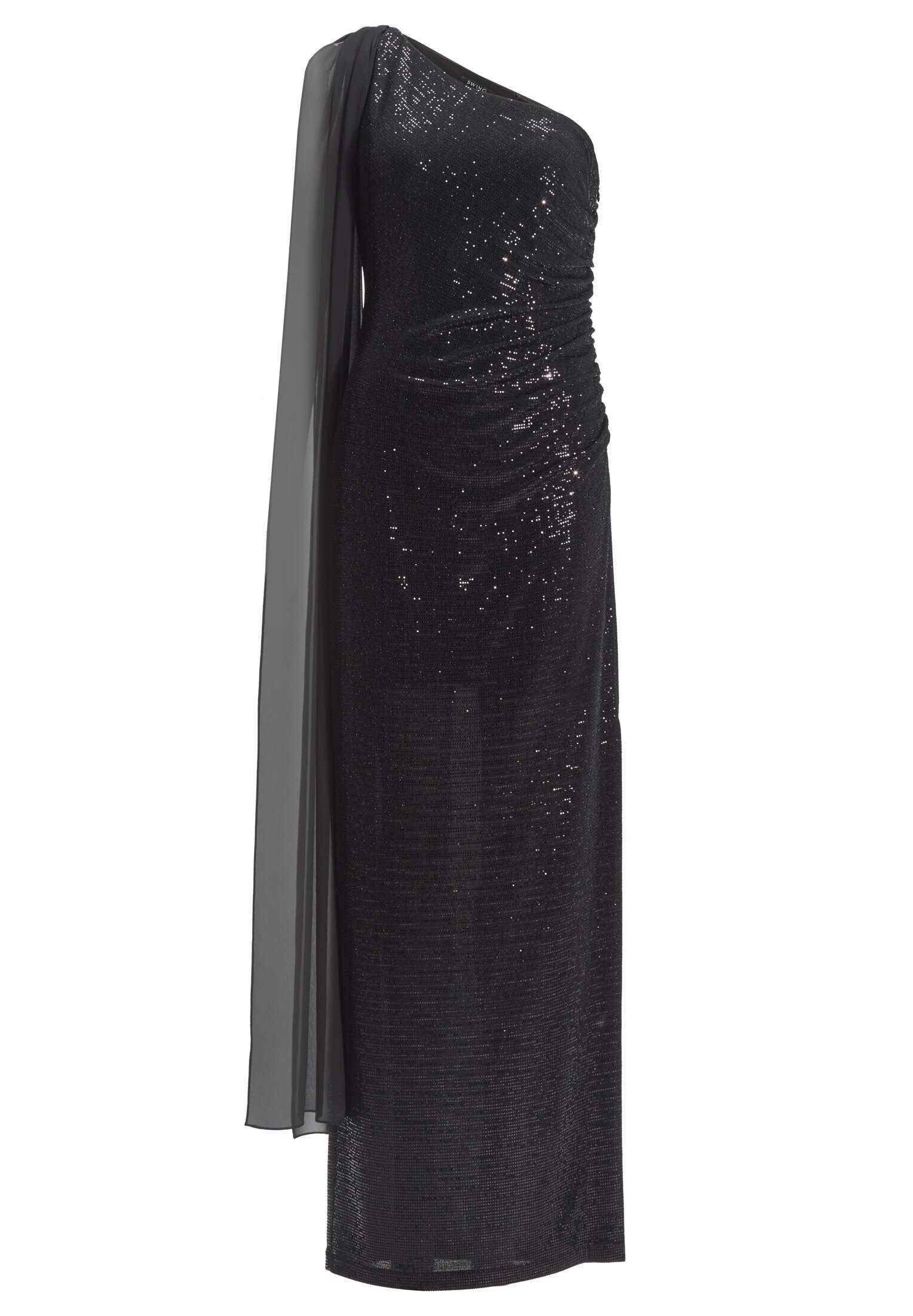 One-Shoulder Abendkleid aus foliertem Jersey mit Chiffon Schal