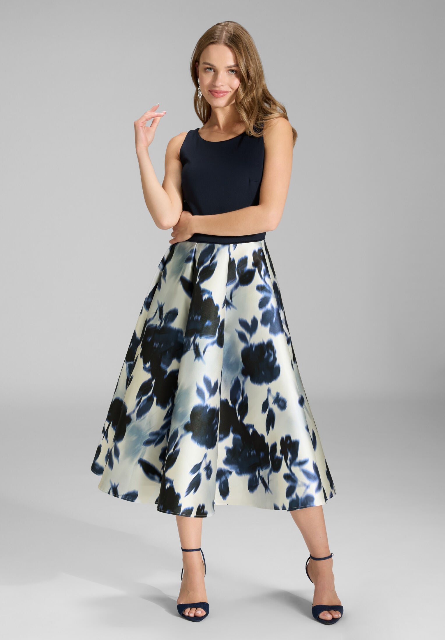 Cocktailkleid aus bedrucktem Twill mit Scuba Oberteil ivory | navy