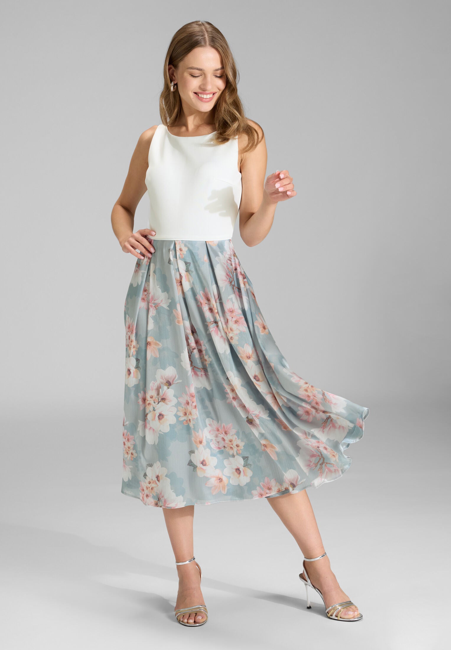 Cocktailkleid mit floral bedrucktem Rock und Scuba Oberteil ice blue | ivory