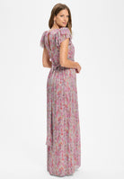 Abendkleid aus bedrucktem Plissee Jersey mit betonter Schulter