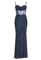 Paillettenkleid mit Taillenpart in See-through Optik