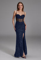 Paillettenkleid mit Taillenpart in See-through Optik navy