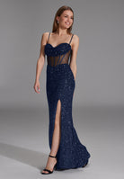 Paillettenkleid mit Taillenpart in See-through Optik