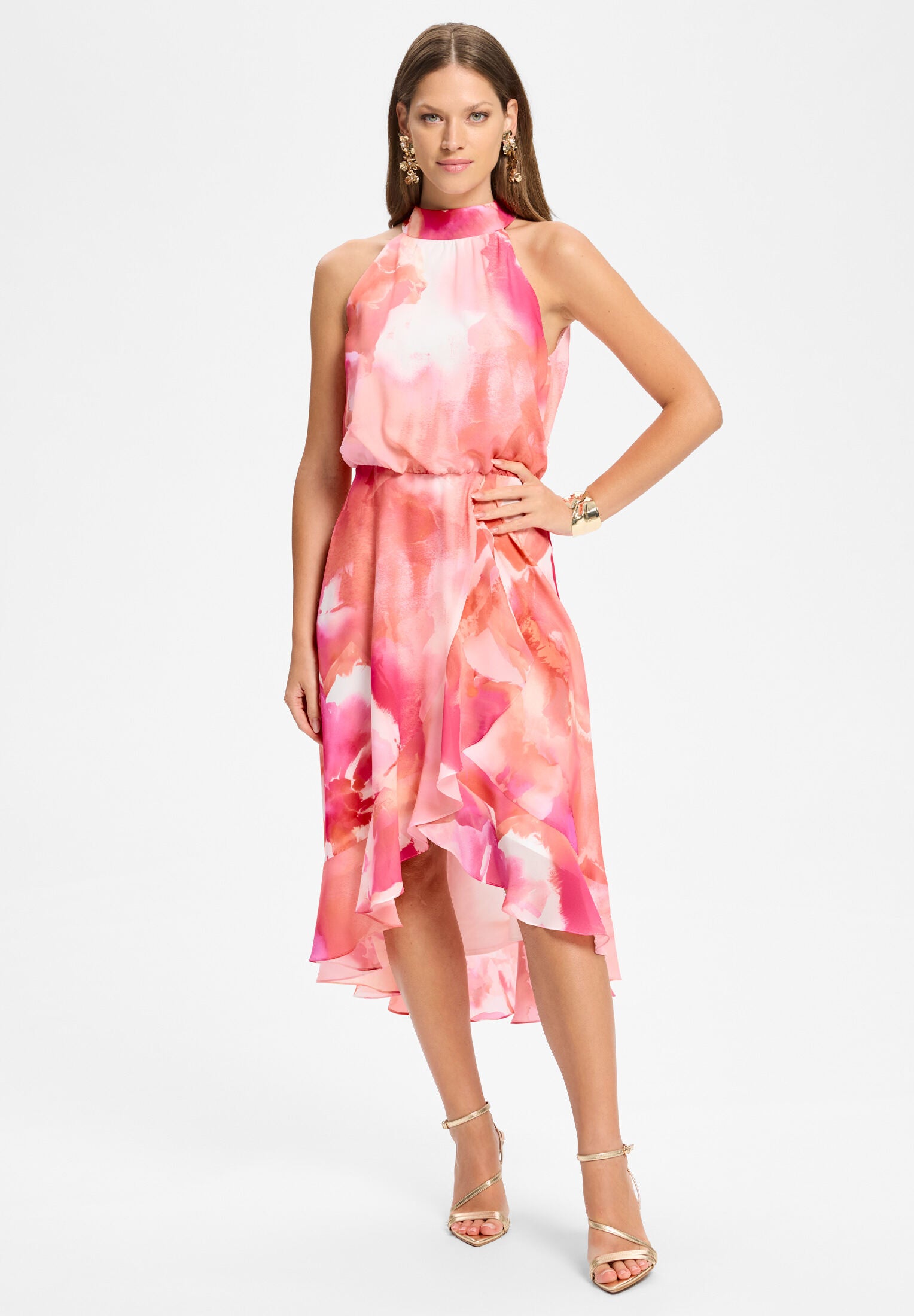 Cocktail Kleid aus bedrucktem Chiffon mit Volant am Saum