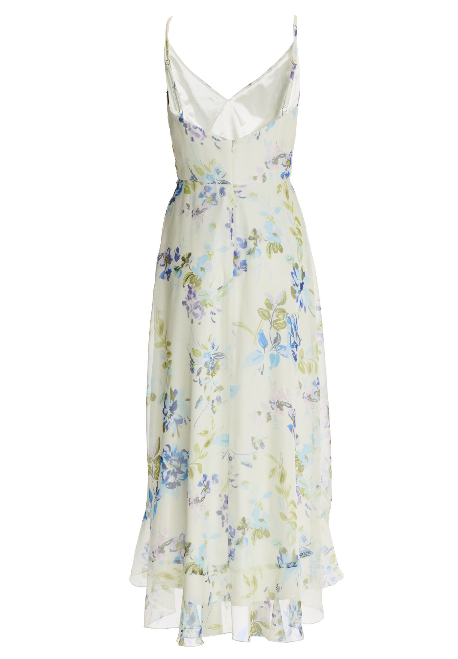 Abendkleid aus floral bedrucktem Chiffon mit Vokuhila Saum und Volants